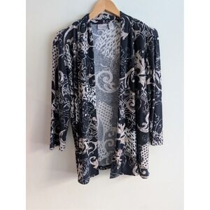 Easywear by Chicos Open Front Cardigan Black Beige Scroll Print Size 2‎ Large